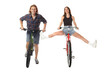 © New Africa - Happy couple riding bicycles on white background