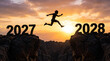 © Mr - Silhouette of man jumping from year 2027 to 2028, concept of new year transition, sunset over mountain cliff isolated on White Background