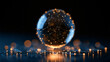 © ภูริพัฒน์ ภิรมย์กิจ - Abstract digital network sphere, glowing with interconnected nodes, symbolizing global data, artificial intelligence, and future technology on a reflective dark surface