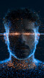 © Arunya - Digital human face composed of glowing blue and orange particles representing artificial intelligence and futuristic data visualization