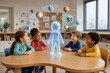 © saranya - Diverse group of elementary school children exploring 3D holographic planets with a friendly AI tutor in a bright classroom.