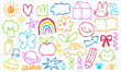 © SR - Cute child hand drawn line art vector decoration collection featuring marker stroke doodle symbols house heart planet and nature icons on square blue grid paper.