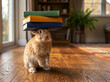 © CreAIo STUDIO - Funny brown rabbit balances stack of colorful books on its head showing playful tongue in cozy home interior background.