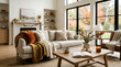 © Yoiduct - Cozy modern living room interior decorated for autumn with warm blankets, pillows and fall decor