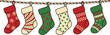 © imranahmed - A festive row of colorful hanging christmas stockings with various patterns on a decorative striped rope white background