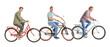 © New Africa - Happy friends riding bicycles on white background. Side view