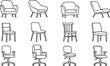 © sufiyan - Minimalist furniture line icons, set of 12 modern chair vector illustrations, black and white office and home seating sketches
