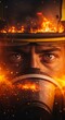 © Alpha - Close-up of intense eyes and soot-stained skin wearing protective equipment amidst heavy smoke and orange embers during a large wildfire, survival, soot, safety