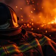 © Alpha - Close-up view of a fire helmet and soot-covered protective gear illuminated by drifting orange sparks and the glow of a forest wildfire, intense, visor, thermal