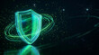 © Alima.Std - Futuristic translucent 3D shield with neon green glowing borders and orbital energy rings on dark digital background with floating particles, light bokeh, and reflections.