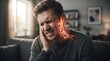 © Nusrat - Man grimacing in pain with glowing nerve pain radiating from ear and jaw down neck, representing severe discomfort and discomfort, man grimacing in pain.