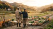 © Tania - Farmers standing together looking over their harvested vegetable crop in a rural terraced field at sunset