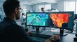 © Gophotograph - High-tech research facility showing a scientist analyzing multispectral satellite imagery and terrain maps.