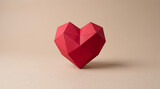 Red geometric origami heart on beige background, low poly paper sculpture, abstract love symbol, Valentine's Day concept, minimalist design with copy space