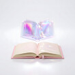 © Abdus - Open pink notebook sits below a floating ethereal holographic glass book with shimmering iridescent lighting effects