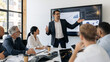 © CreativeArt - Business professional presenting data analysis charts during corporate meeting, engaging team members in strategic discussion