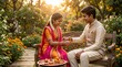 © Adee｜ArtSpace™ - Young Indian couple celebrating Raksha Bandhan in a beautiful garden setting.