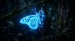 © Wool World - Glowing neon blue butterfly emerging from cocoon in dark forest, digital metamorphosis concept