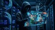 © gabriel - Hacker in dark hoodie interacting with futuristic holographic security interface in server room