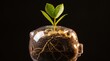 © Annita Rizqi - Green plant growing out of clear glass piggy bank filled with coins and dark soil showing visible roots inside against black background representing financial growth investment and wealth