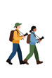 © Shourav - Two birdwatchers walking on a forest trail carrying binoculars and backpacks, flat style vector illustration of nature exploration, outdoor leisure activity, and wildlife observation companions