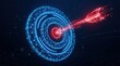© Panuwat - Futuristic digital arrow hitting the bullseye in a glowing wireframe design symbolizing goals.
