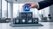 © AH Project - Man placing AI cube on stack of technology icons in office