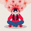 © mamun - Stressed person sitting cross-legged with red thought bubbles exploding around head.