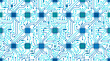 © Sakhowat - Seamless Vector Pattern of Blue and Cyan Circuit Board Traces, Microchips, and Electronic Connection Nodes on White Background; Ideal for Technology, Computing, and Digital Design Projects.
