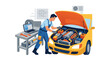 © MSTSHILPI - Vector Illustration of a Professional Auto Mechanic in Blue Overalls Inspecting an Open Yellow Car Engine in a Garage Workshop, Using a Laptop for Diagnostics and Tools on a Workbench.