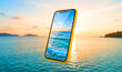 © Shadin Kumar - A yellow-cased smartphone floating magically in mid-air above a peaceful ocean, the screen displaying a breathtaking tropical ocean view with turquoise water, white waves and blue sky