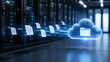 © MAMA Studio - Digital document files migrating from physical data center server racks into a glowing blue cloud computing icon representing online backup and virtualization
