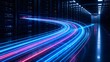 © Ahmed - Dynamic neon light trails emerging from server racks illustrating high speed data processing and digital network flow.