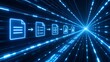 © Ahmed - Glowing blue digital workflow process with connected document icons and secure data transfer pipeline in a futuristic cyberspace environment.