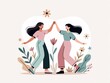 © Maryna - Two young women give high five among flowers and plants. Happy sisters or friends celebrate together sharing joy and positive emotion. Friendship bond and female empowerment.