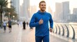 © Png guru - Athletic Man Jogging Outdoors Along Waterfront Promenade in Metropolitan City During Golden Hour Sunlight While Wearing Blue Sportswear