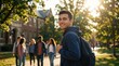 © Png guru - Confident college student wearing backpack smiling on university campus walkway surrounded by diverse classmates during warm autumn afternoon golden