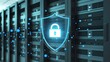 © MSTMAYA - Glowing shield with lock floating in front of server room racks representing cybersecurity and data center protection for cloud infrastructure