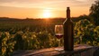 © Honey - Dark glass bottle and wine glass sit on weathered wood, overlooking a vineyard bathed in the warm glow of a radiant sunset, representing a luxurious indulgence