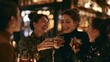© Honey - Two cheerful women clink glasses while sharing joyful laughter within a lively bar setting, concept for friendship and celebratory moments