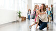 © D-stock photo - Daughter running to hug mother after school as joyful school pickup and parent child reunion concept