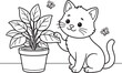 © NUR - Cute cartoon dog sitting beside green potted plant