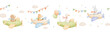 © Elena - Seamless border with cute goose, bear and rabbit flying vintage plane and colorful flags garland. Childish characters for kids. Watercolour illustrations on isolated repeating background for birthday