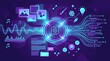© mytour - Generative AI concept showing an intelligent digital core producing creative content, code, images and multimedia in a futuristic flat design.