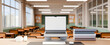 © Prathankarnpap - 3D Illustration of Laptop with Blank Screen on Teacher's Desk in Modern Empty Classroom Education Setting
