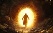 © Volodymyr - A figure of Jesus Christ stands within a radiant portal of golden light, surrounded by rocky terrain. The scene depicts the moment of resurrection, symbolizing rebirth and spiritual awakening