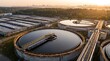 © CuteBee - Aerial view of large circular water treatment tanks at municipal plant with lush green trees and city skyline in sunset light for sustainable urban infrastructure and industry