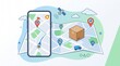 © Marmi - Digital package tracking with smartphone, parcel route, GPS location pins, progress indicator and notification elements in flat design illustration