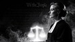 © DE JONG EVA SOFIA - Female judge in profile with glowing scales of justice and constitutional text. Legal professional in judicial robes stands before the US Constitution preamble. Law and order concept for advocacy.