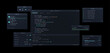 © 24 std - Code editor IDE interface template with program console workspace. Software developer layout with project files tree sidebar, node map, build status, task queue and live output terminal windows. Vecto